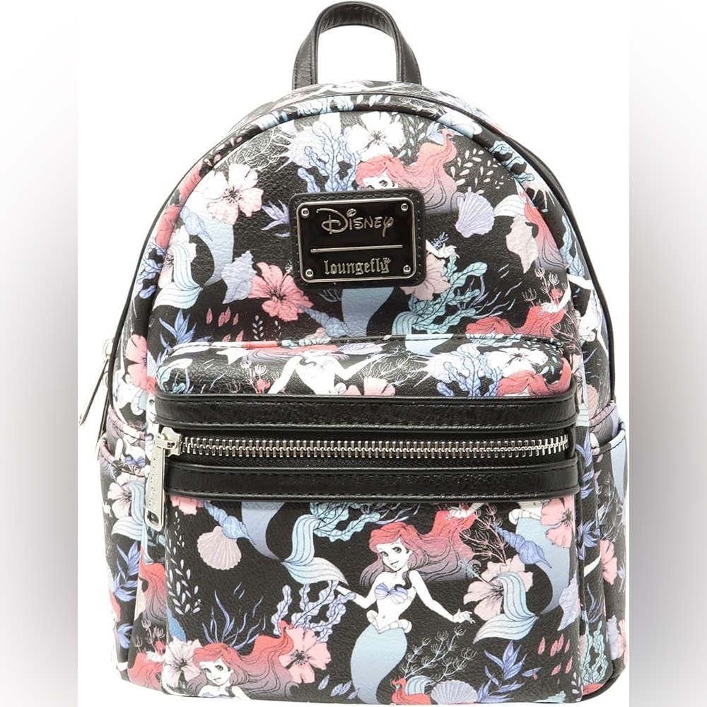 Loungefly Disney All Over Ariel Black Floral Mini Backpack